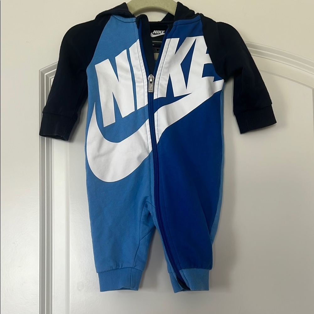Nike | (3M) Blue and White Nike onesie with Hooded Design and Swoosh Logo